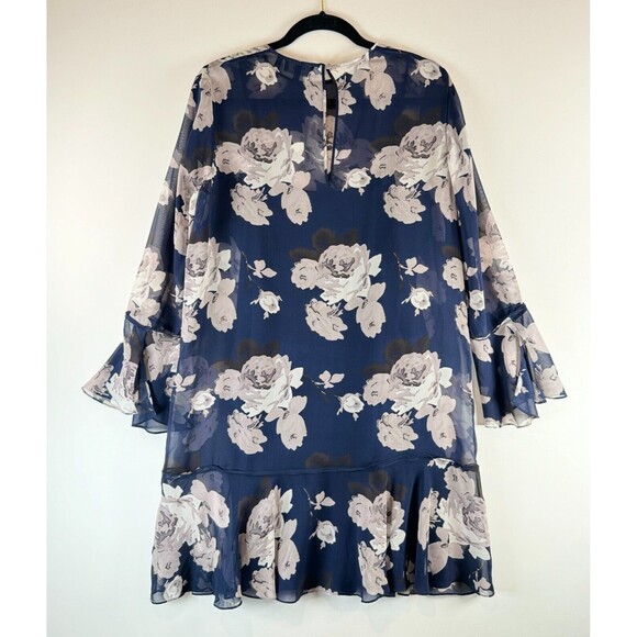 Theory Women Dress Blue Marah Distressed Floral Chiffon Mini A Line Boho Size 10 - Picture 3 of 9